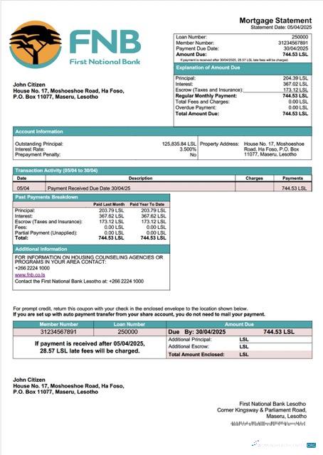 Download Lesotho First National Bank Lesotho mortgage statement Word and PDF template Photoshop template